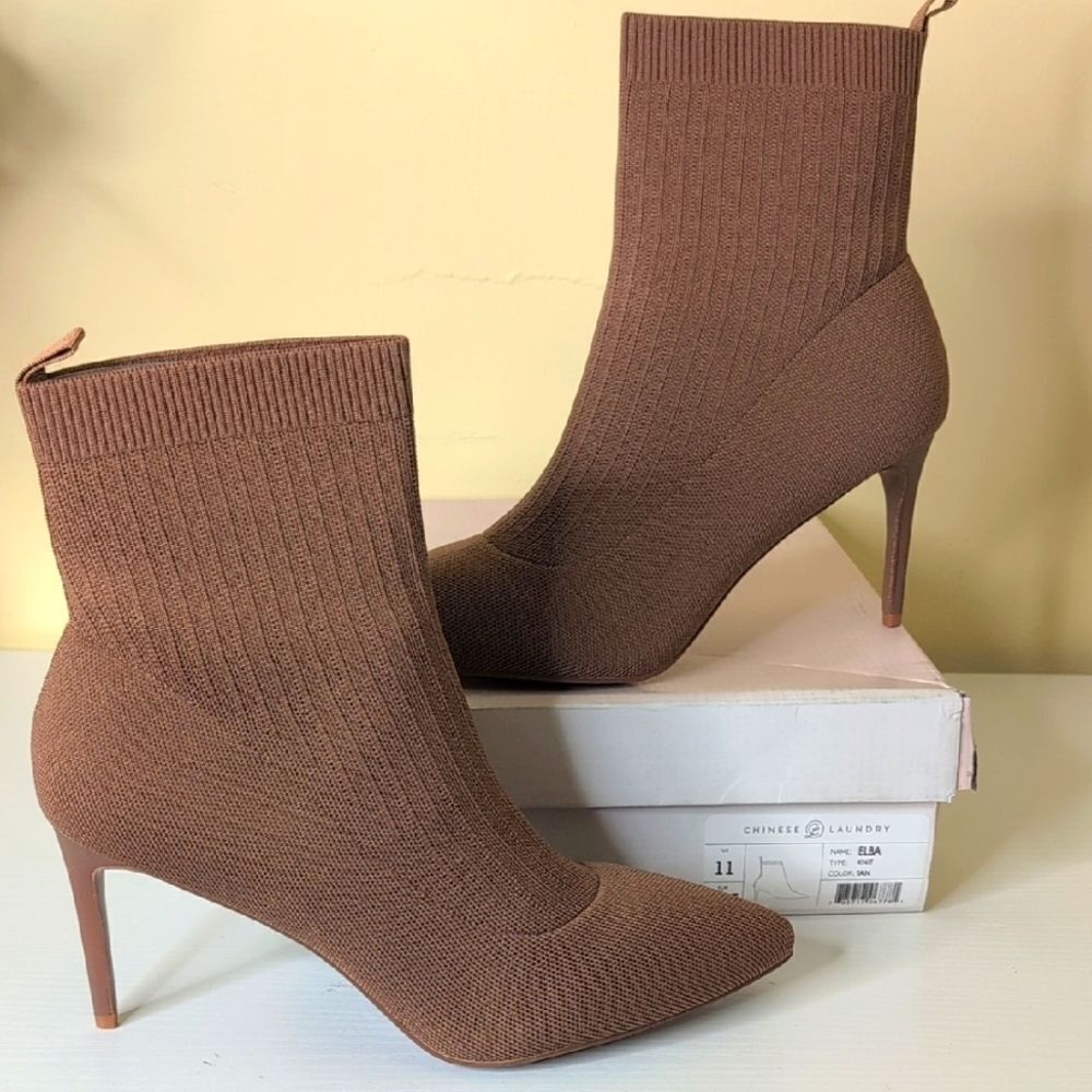 Chinese Laundry Size 11 Elba Tan Knit Heeled Boots, NEW